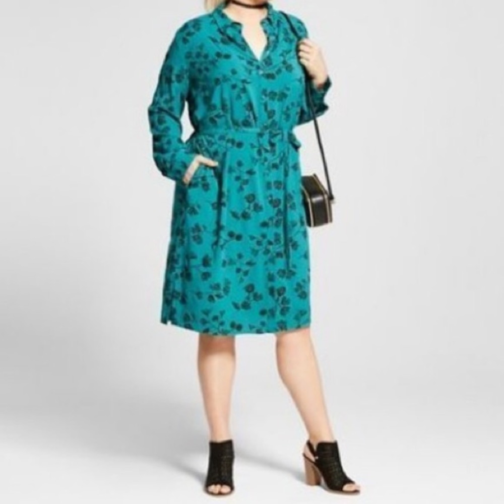 Ava & Viv Teal Floral Shirt Dress Drawstring Tie